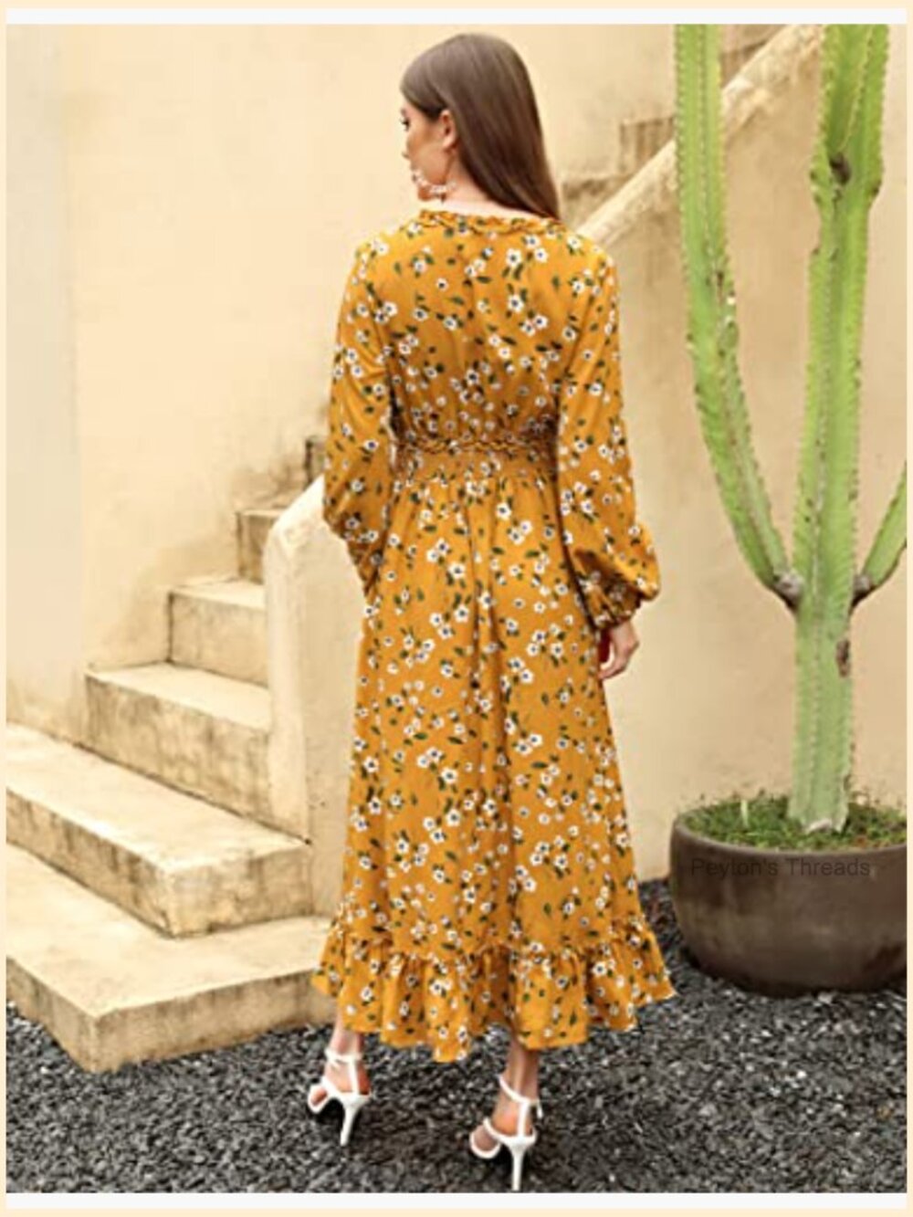 V Neck Boho Floral Print Maxi Dress Wedding Guest Flowy Bohemian Long Sleeve - Picture 6 of 7